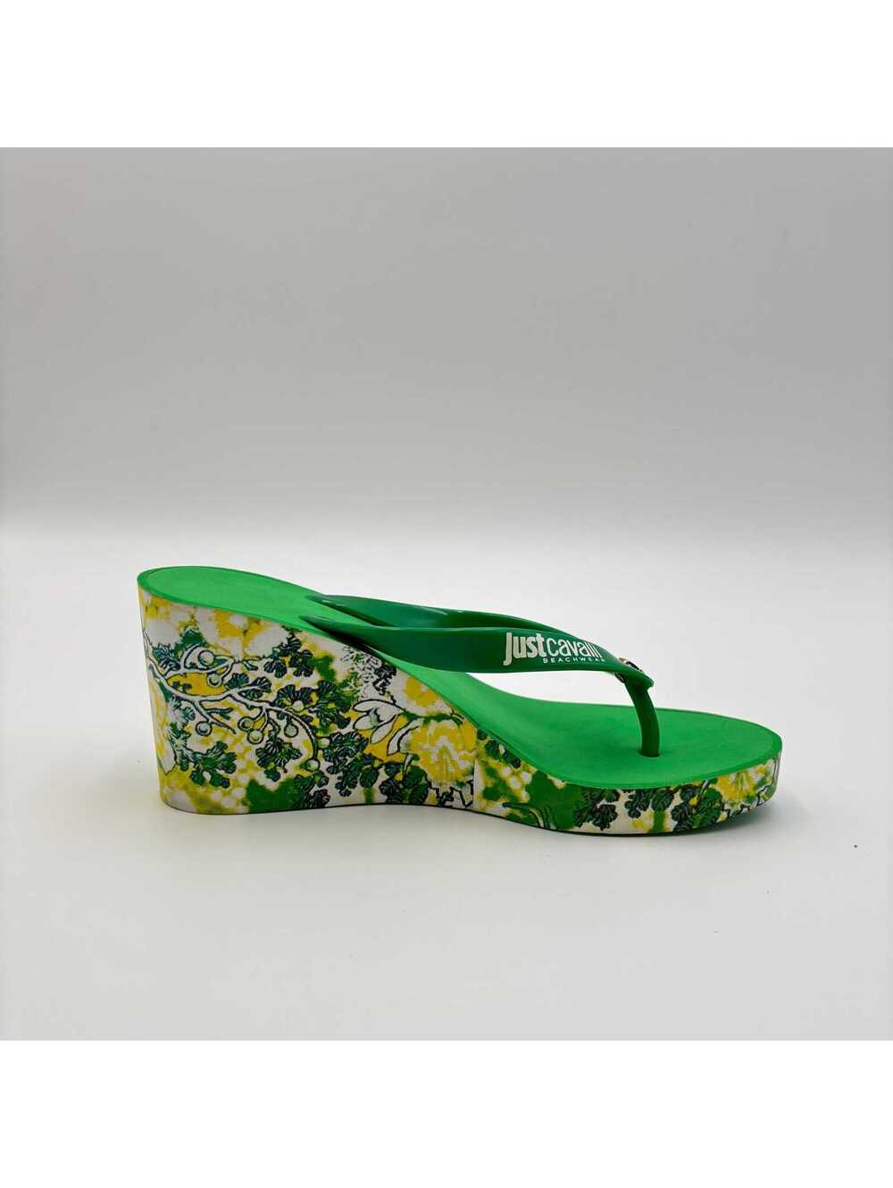 Just Cavalli Green Floral Wedge Flip Flop Sandals 37 - Picture 2 of 6